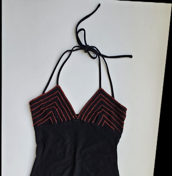 Hunza G Vintage Black With Crimson Beading Double Halter Strap Mini Dress - Picture 2 of 15